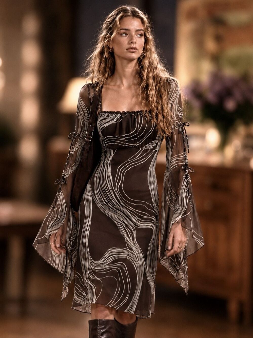 Vtg Y2K High Fashion Brown Abstract Sheer Bell Sleeve Dress S Whimsigoth Fairy